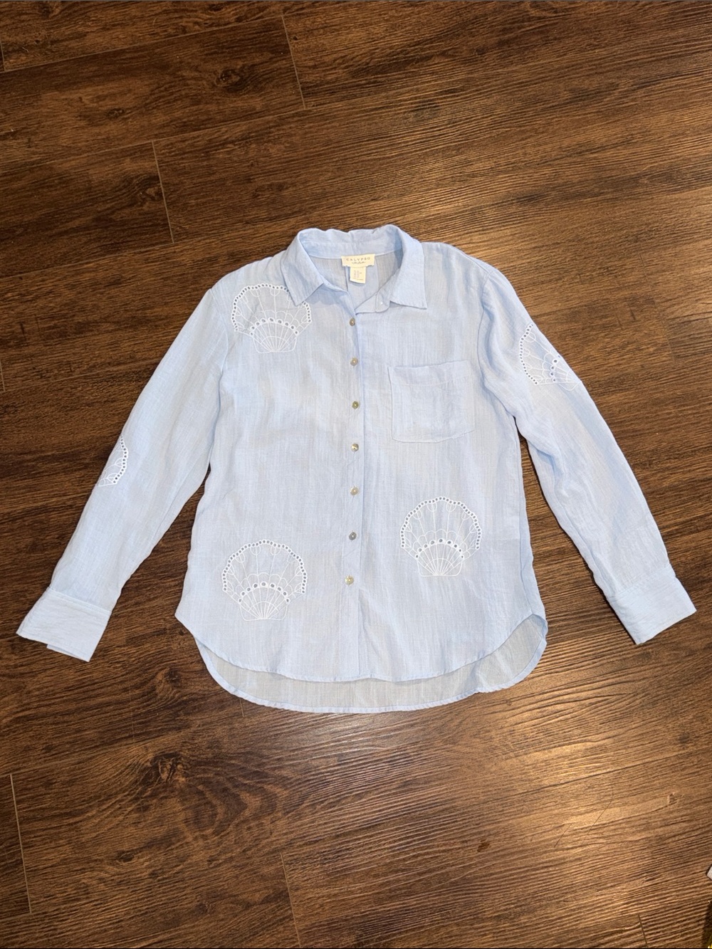 Calypso St. Barth Womens Blue Eyelet Shell Button Down Shirt Size XL Island Vibe
